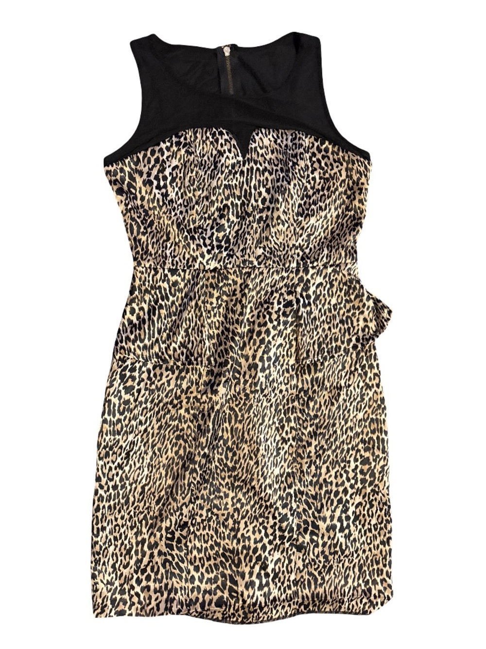 Leopard Print Sleeveless Sheath Dress with Black Yoke